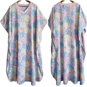 VINTAGE Amanda Smith Satin Silky Floral Pastel Rose Romantic Kaftan Nightgown OS